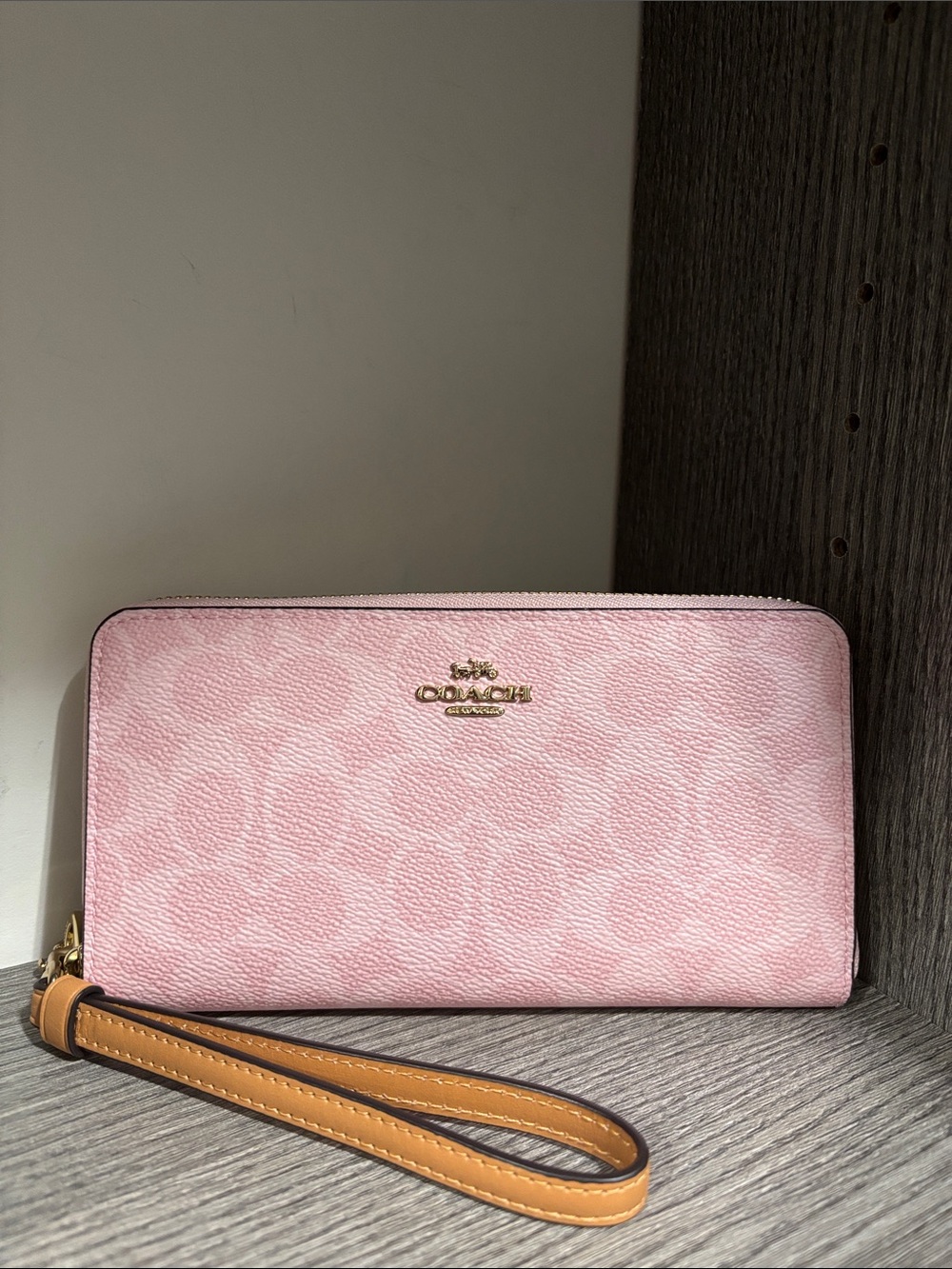 Coach Pink Signature Zip-Around Wallet Wristlet with Tan Strap